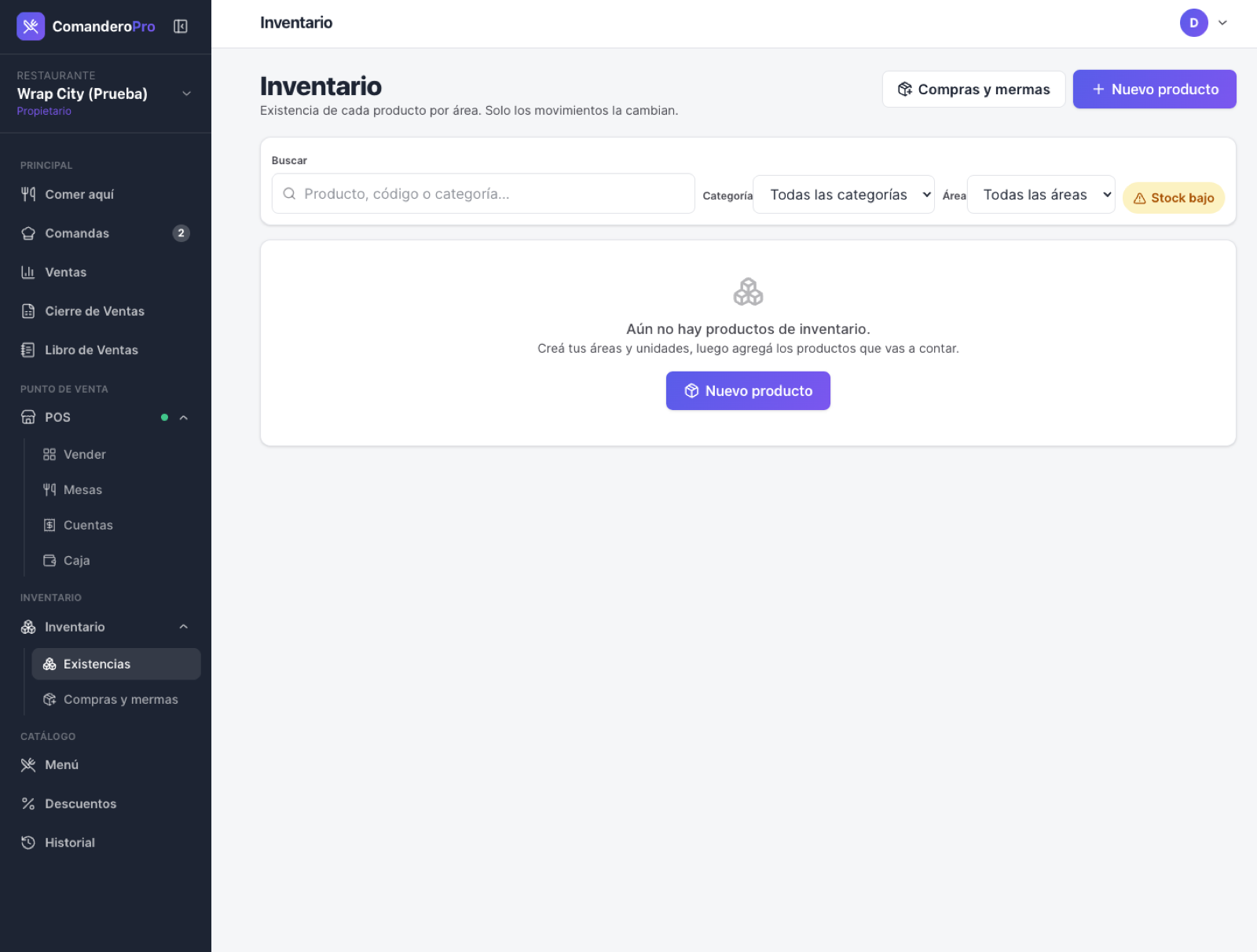 Pantalla de inventario de ComanderoPro con filtros por categoría y por área, y el aviso de stock bajo.