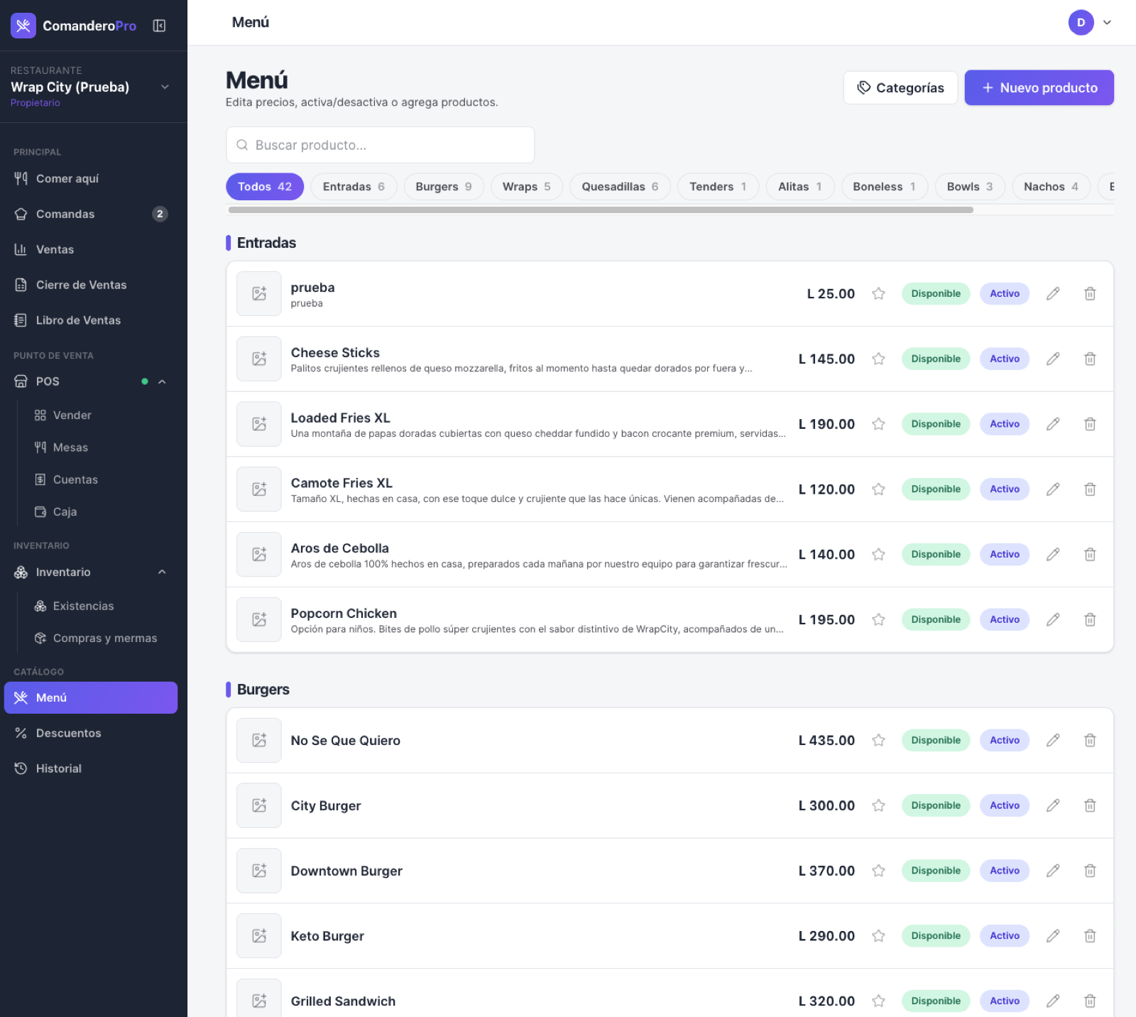 Administración del menú en ComanderoPro: lista de productos por categoría con precios en Lempiras y estado Disponible o Activo.