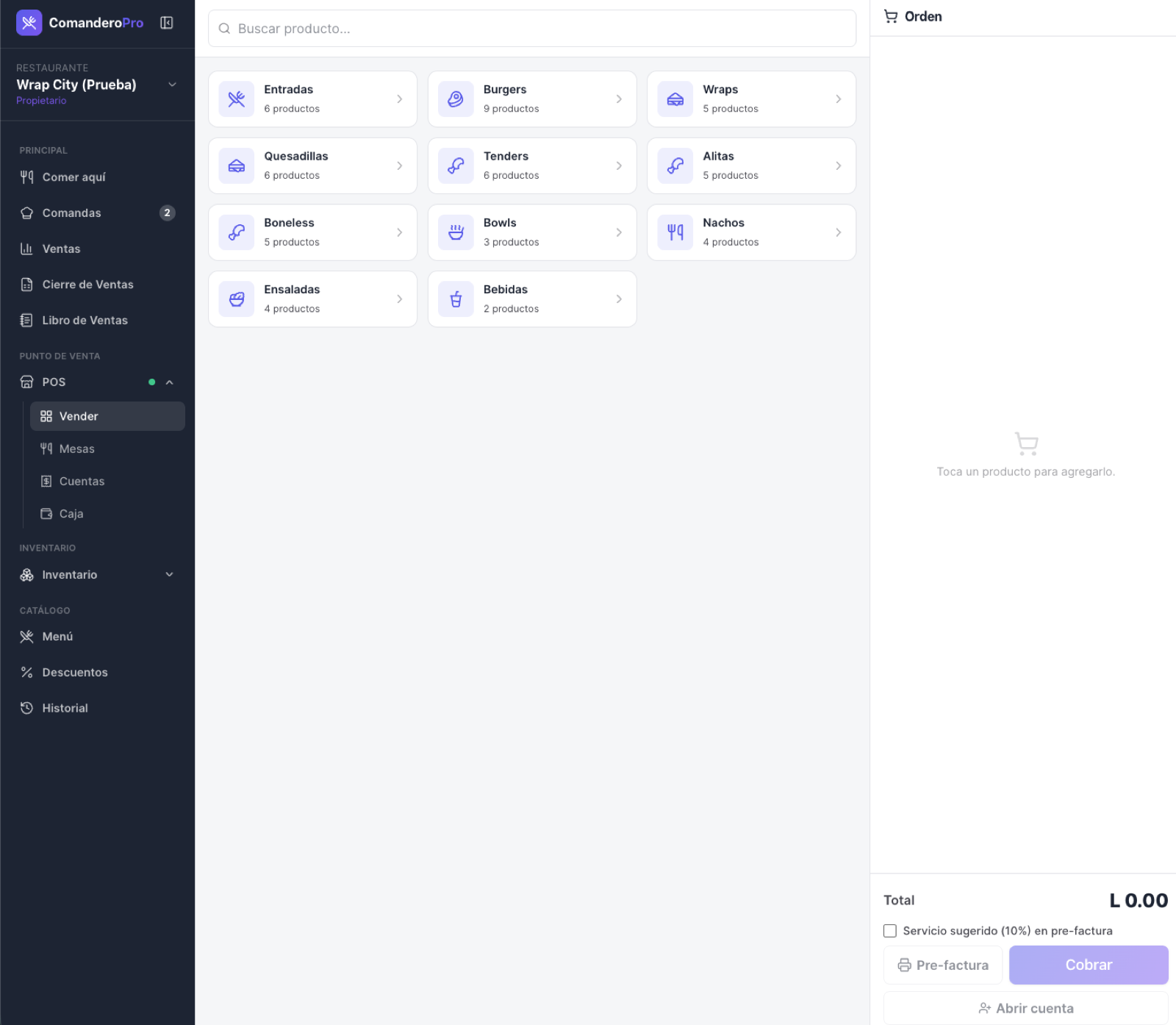 Pantalla de venta de ComanderoPro: categorías del menú, buscador de productos y panel de la orden con Pre-factura, Cobrar y Abrir cuenta.